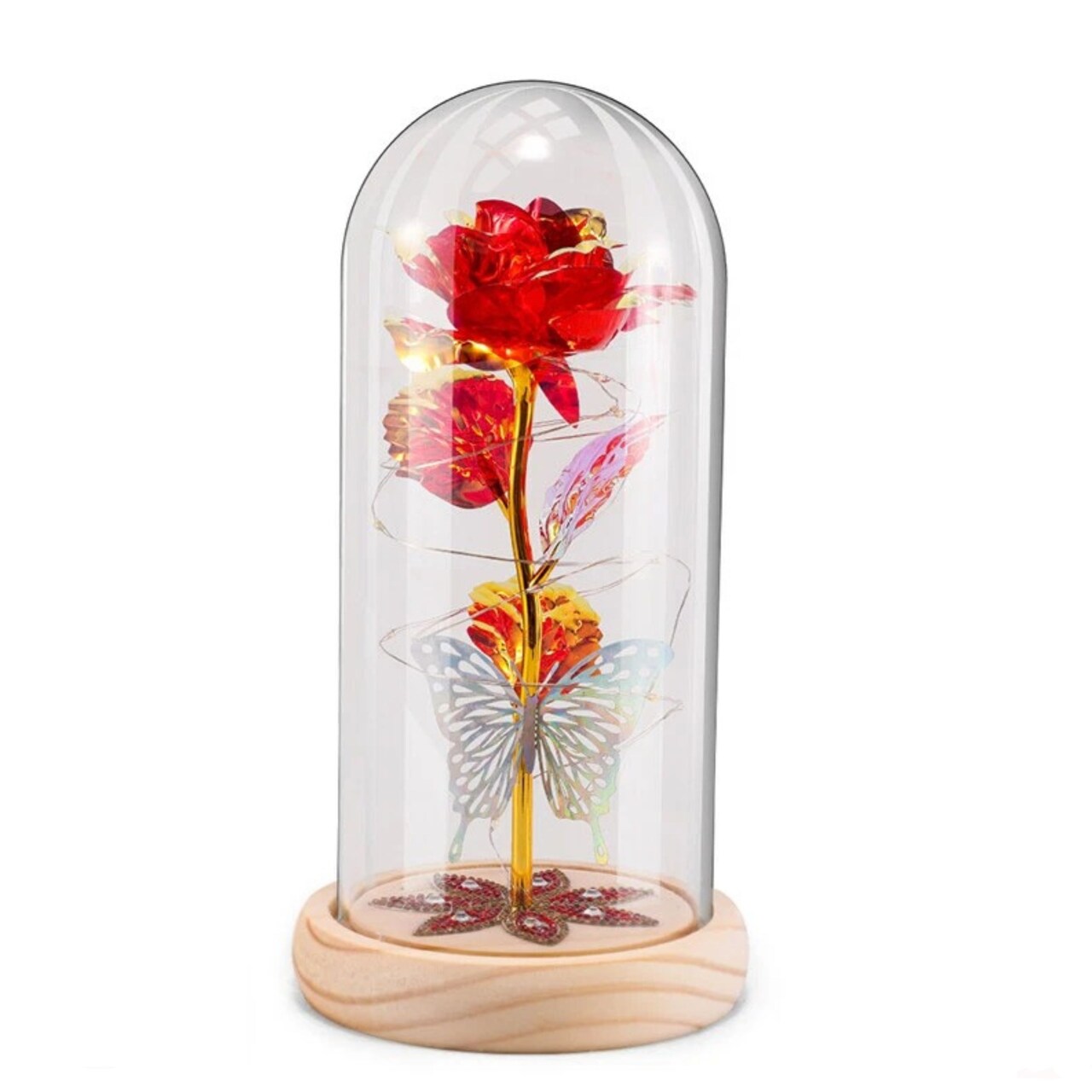 Eternal Preserved LED Rose with Butterfly in Glass Dome Décor